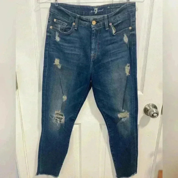 7 For All Mankind The High Waist Ankle Skinny Jeans Distressed Size 28 - Picture 2 of 6